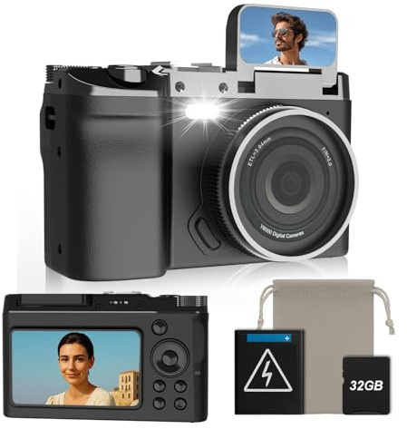 fceoul 4K Digital Camera, 64MP Compact Camera with Dual Screen & 16X Zoom, Retro Vlogging Camera for YouTube, Easy Pocket Camera for Photography with 32GB Card and 2×1050mAh Batteries