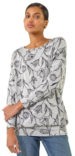 Roman Originals Blouson Top for Women UK Ladies Drop Shoulder Long Sleeve Jersey Stretchy Oversized Casual Office Jumper Soft Everyday Sweater Lounge Sweatshirt Blouses - Grey Floral - Size 18