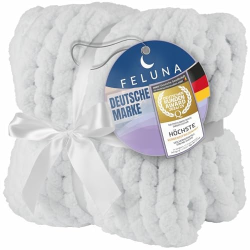 Feluna® Grobstrick Kuscheldecke - Flauschige Strickdecke als Wohlfühldecke | Weiche Grobmaschige Decke aus Chenille – Tagesdecke & Überwurf fürs Sofa, 2 Größen, 4 Farben