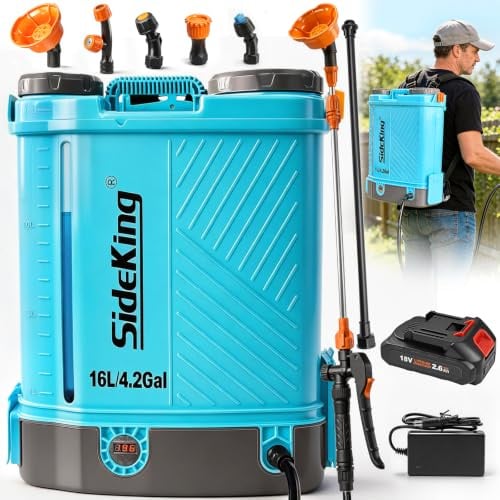 SideKing Pompa a Spalla a Batteria 16L, Pompa Irroratrice a Batteria Compatibile con Makita 18V, Lancia Telescopica, 5 Ugelli, Pompa per Diserbante a 7 Bar per Giardino, Prato, Orto