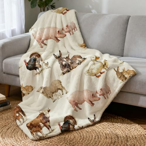 Hobbspring Weiche Dicke Flauschdecke Bauernhoftiere Schwein Hase Schaf Decken für Couch Faser Männer Frauen Warme Dekorative Fuzzy Decke Reisen Zuhause Büro Schule (Cremeweiß)