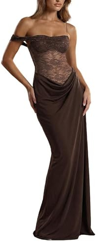 Sukiglam Robe Longue Femme Chic et Elegant Moulante Robes à Une Épaule en Dentelle Florale Transparente Maxi Robe sans Manches Sexy Bretelles Spaghetti et Fente Haute Robes de Soirée Cocktail Mariage