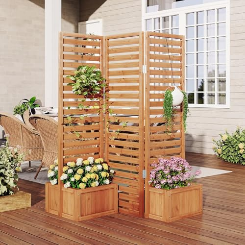 HOMASIS Hochbeet mit faltbarem Sichtschutz, 2 Blumenkästen mit Rankgitter, Holz Pflanzkasten mit Spalier & Abluflöchern, Pflanzkübel Gartenspalier für Kletterpflanzen, Garten, Balkon, Terrasse, Orange