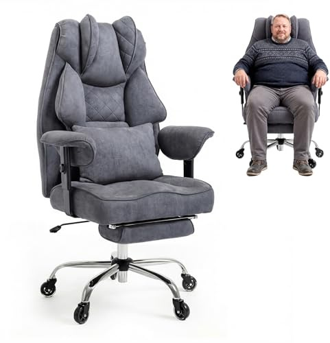 Asukale Bürostuhl Ergonomisch 200kg, Chefsessel Fußstütze & Lordosenstütze | Schreibtischstuhl, Hohe Rückenlehne (90–135°), Multifunktional Verstellbar, Komfortabel & Stabil, Wildlederimitat Grau