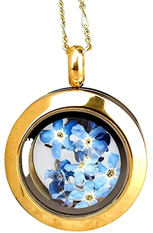 Madamlili 925 Sterling Silber Medaillonkette | Gold Vergoldet | Echte Vergissmeinnicht-Blüten aus Berlin | Handgefertigtes Erinnerungsstück & Symbol für Liebe & Treue | Geschenk für Frauen