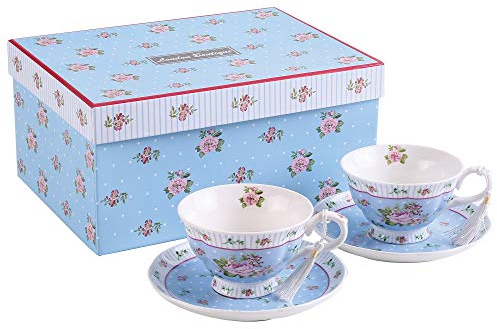 London Boutique Tea Cup and Saucer Set Afternoon Tea Set New Bone China Vintage Flora Rose Porcelain Gift Box(Rose Blue set 2)