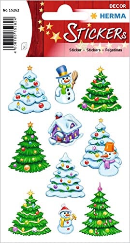 HERMA 15262 Aufkleber Weihnachtsbaum klein, 30 Stück, Weihnachten Sticker mit Schneemann Tannenbaum Motiv, Kinder Etiketten für Weihnachtsdeko Geschenke Adventskalender Winter Deko Briefe DIY Basteln
