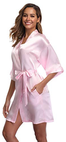 iFigure Peignoir kimono court soyeux pour femme - Peignoir de bain de demoiselle d'honneur, Rose pâle, M