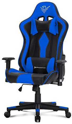 Phoenix Technologies Silla Gaming Escritorio Oficina Ordenador, Asiento Giratorio Ergonómico PU con Cojín Lumbar, Reposabrazos 2D, Pistón Clase 4 hasta 150 Kg (Blue)