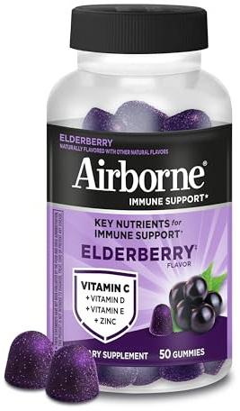 Airborne Elderberry + Zinc & Vitamin C Gummies For Adults, Immune Support Vitamin D & Zinc Gummies With Powerful Antioxidant Vitamins C D & E - 50 Gummies, Elderberry Flavor