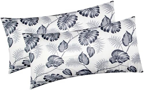 Heubergshop Baumwoll Renforcé Kissenbezug - 2er Set in 40x80cm - Tropische Blätter in Grau - Kopfkissen-Bezug, Kissenhülle, Dekokissenbezug aus 100% Baumwolle (K-031/2-Grau)