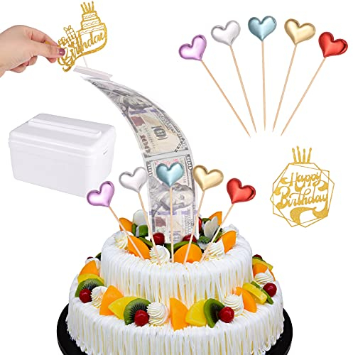 ALTcompluser Kuchen Geburtstag Spardose Geld Ziehen mit 100 Stück Klarsichtbeutel, 2 Happy Birthday und 5 Herz CakeTopper, Tortendeko Geburtstag Mädchen, Kuchen Deko für Größe in 8 Zoll oder Größere