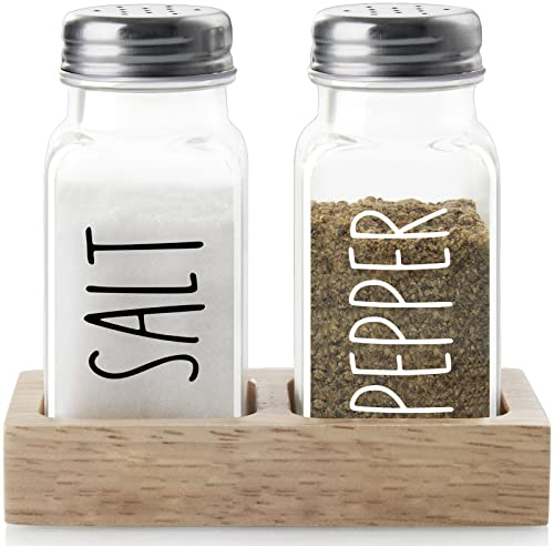 Dopeca Salière et poivrière avec support, salière en verre avec plateau en bois pour comptoir ou table, salière et poivrière pour cuisine ou restaurant, remplissage facile, 76,5 g