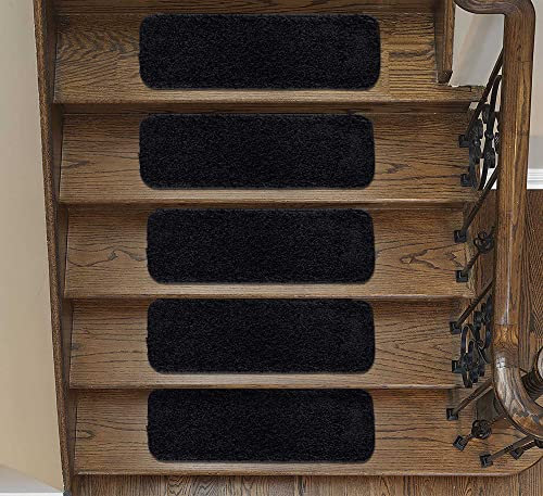 emmahome Soft Shaggy Carpet Stair Treads NON-SLIP MACHINE WASHABLE Mats/Rugs, Indoor 22x67cm, 30mm Thickness and 100% Increased Yarn (Black, 15)