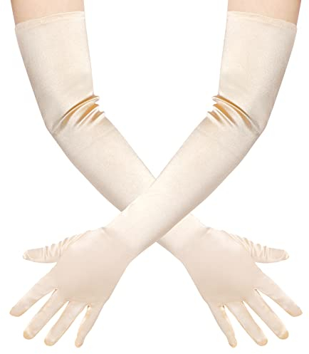 Wobe Lange Opera Party 20er Jahre Satin Handschuhe Dehnbar Erwachsene Größe Ellenbogen Länge Hochzeit, Light Champagne, Einheitsgröße