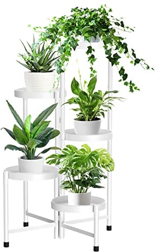 iDavosic.ly 5 Tier Metal Plant Stand for Indoor Outdoor, Corner Tiered Plant Shelf for Multiple Plants, Foldable Tall Flower Holder Display Rack for Living Room Garden Patio Balcony, White