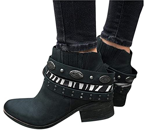 Boots Damen, Stiefeletten mit Absatz Nieten Ketten Blockabsatz Cowboystiefel Elegant Winterstiefel Kurzschaft Ankle Boots Winter Kurz Stiefel Vintage Winterschuhe Damenstiefel