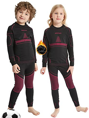 NOOYME Funktionsunterwäsche Kinder Ski- & Thermounterwäsche Atmungsaktiv & Hautfreundlich Sportunterwäsche Fussball, Schwarz-rosa (158/164) 155-160cm