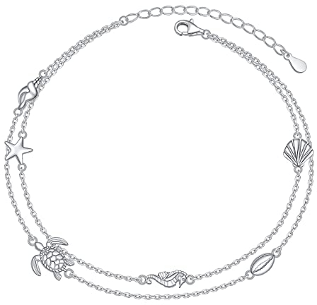 Fußkettchen für Frauen, S925 Sterling Silber, verstellbarer Fuß, Meeresleben, Schildkröte, Muschel, Seestern, Muschel, Knöchelarmband, Fußkettchen, Strandschmuck