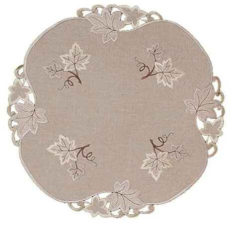 Tischdecke Mitteldecke Tischläufer Deckchen Kissenhülle Herbst beige braun Bestickt mit Blättern Leinenoptik (rund 40 cm)