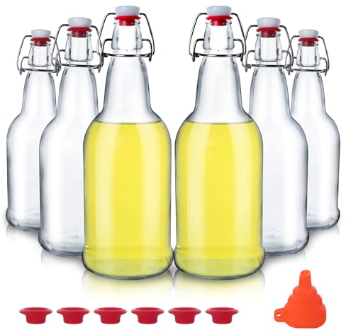UrSpeedtekLive 6 Pack 16oz Swing Top Glass Bottles, 500ML Glass Brewing Bottles with Airtight Stoppers for Beer, Kombucha, Kefir, Vanilla Extract(Bonus Gaskets and Funnel)