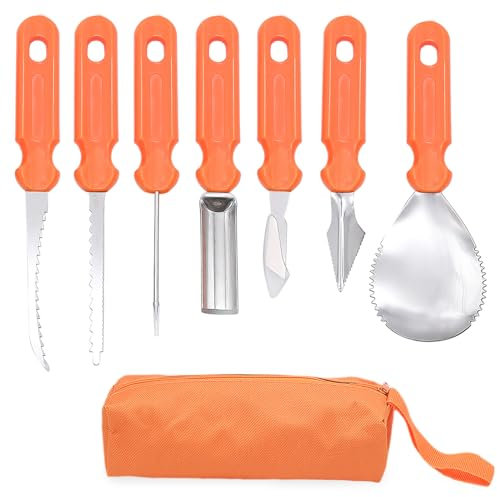 FORYNXHWIN Halloween Kürbis Schnitzset, 7 Stück Kürbis Schnitzen Set, DIY Halloween Dekoration Edelstahl Kürbis Schnitzwerkzeuge mit Oxford-Stoff Tragetasche für Kinder und Erwachsene
