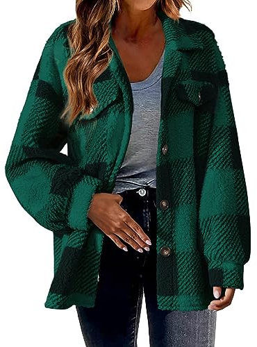 Manteau d'hiver à carreaux pour femme à revers - Veste chaude en peluche à manches longues - Décontracté - Chaud - Manteau polaire - Manteau d'extérieur, vert, 4XL