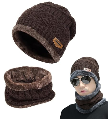Gxlaihly Winter Beanie Mütze,Mutzen fur herren winter,Schal und mütze damen set winter,Unisex Strickmütze mit Fleecefutter Mütze Schal(Universell für Männer und Frauen)(braun)