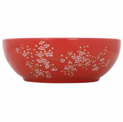 vidaXL Aufsatzwaschbecken, Rund Waschbecken mit Muster, Handgefertigt Waschtisch Waschschale für Badezimmer, Handwaschbecken Spülbecken, Weiß Rot Ø41x14 cm Keramik