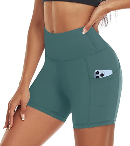ACTINPUT Radlerhose Damen mit Taschen High Waist Yoga Shorts Kurze Leggings Blickdicht Sporthose Hotpants(Grün,M)