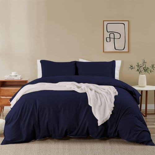 Soifox King Size Duvet Cover Set - Navy Blue Bedding Set KingSize Bed with Zipper Closure, Soft Iron NonMicrofiber Duvet Cover with 2 Pillowcases