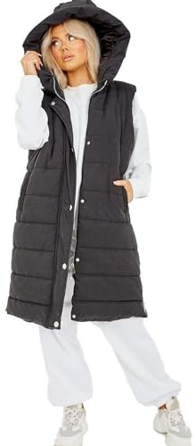 Dolce Fashion® Women's Gilet Jackets - Ladies Lightweight Long Body Warmer, Water Resistant Sleeveless Padded Jacket - Suitable for Light Rain, Winter Long Coat With Pocket (Black, Large)