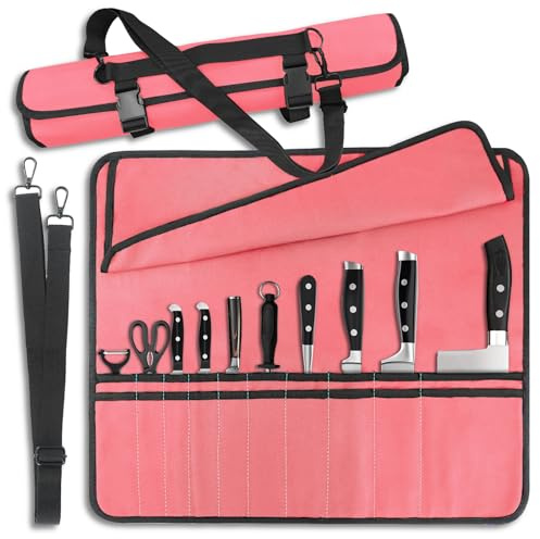 QIQU Pink Chef Knife Bag With 20 Slots Cutlery Knives Holders Protectors, Home Kitchen Travel Cooking Tools, Portable Canvas Knife Roll Storage Bag Chef Case for Camping or Working