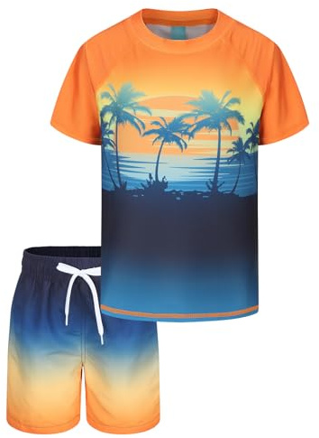 Maillot de Bain Garçon Deux Pièces T-Shirt UV Enfant à Manches Courtes Haut de Bain Anti UV Garçon Short de Bain Enfant pour Surf Natation Piscine Plage 15 16 Ans