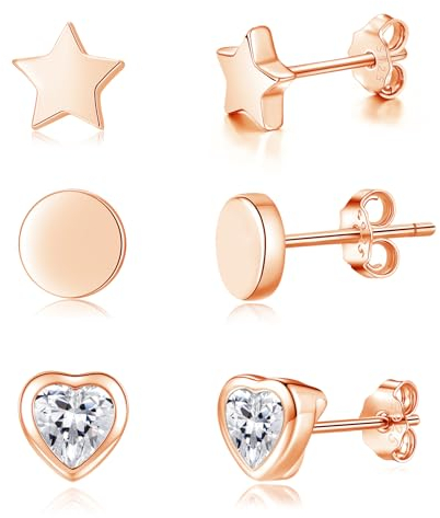 Loutade 3 Pairs 925 Sterling Silver Stud Earrings Set, Rose Gold Round Star Heart Stud Earrings, Unisex 4mm Small Cartilage Sleeper Rose Gold Earrings for Girls Men