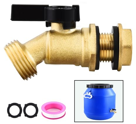 Brass Rain Barrel Spigot with Bulkhead Fitting, Lead-Free 3/4 GHT Male Threaded Quarter Turn Ball Valve, Rain Barrel Kit for Garden Hose Thread Connection, 5 55 Gallon Bucket