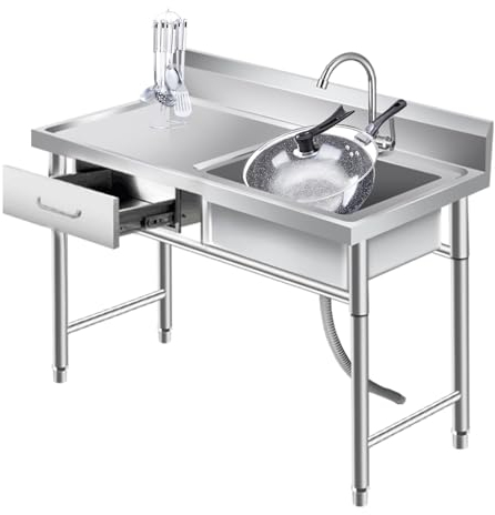 Außenwaschbecken mit Schublade, Küchenspüle mit Heiß-Kalt-Wasserhahn, Edelstahl-Handwaschbecken, Küchenspüle Gewerbliche, für Küche Restaurant Waschküche Garten ( Size : 80*50*80cm , Color : Right slo
