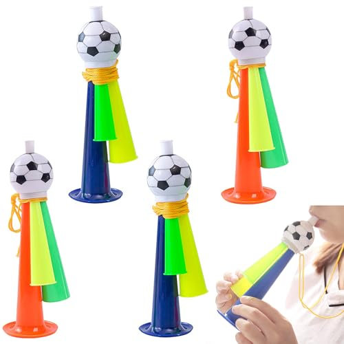 Snowtain 4 Pièces Klaxon de Football,Trompette pour Fan de Football Mit Lanyard,Trompettes Vuvuzela en plastique Pour les fans de football, soirées à thème football, coupe du monde.