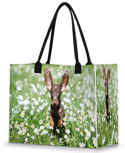 Handtasche mit Dackel-Motiv und Gänseblümchen, für Damen, Mädchen, Welpen, Hunde, große Kapazität, Schultertasche für Schule, Reisen, Arbeit, farbig, XX-Large