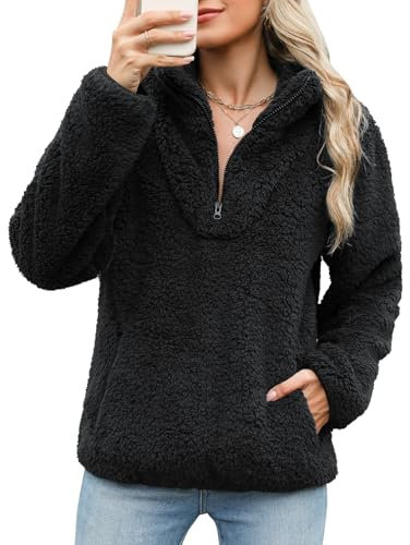 RITOSTA Felpa Senza Cappuccio in Pile Donna Peloso Giacca Invernale Autunno Termico Pullover Tops Maglione Invernali Sweatshirt Felpe con Zip Tasche Casual Hoodies Manica Lunga (Nero,L)