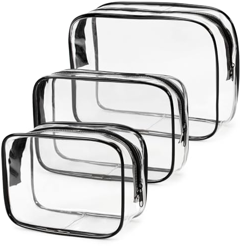Lot de 3 trousses de toilette transparentes - En PVC - Transparent - 1 l - Avion - Bagage à main - Liquides - Pour hommes et femmes, Noir , Trousse de maquillage