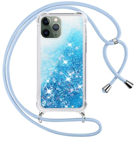 Vauki handyband für iPhone 11 Pro Hülle mit Band, Silikon Durchsichtig Transparent Flüssig Glitzer mit Kette Kordel Treibsand Necklace TPU Schutzhülle Case für iPhone 11 Pro, Blau