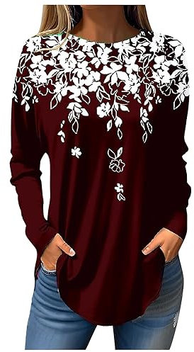 Bluse Damen Casual Langarm Oberteile Lässig Rundhals Shirt 2024 Mode Top Elegant Langarmshirt Locker Baumwolle Tunika Vintage Longshirt Tshirt Einfarbig Pullover Sweatshirt(3-Wine,XL)