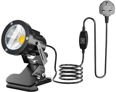 TobeBright Plug in Spot Light Clip On with On/Off Switch IP65 Water Resistant Plant Uplighters Indoor and Outdoor 7W LED Clamp Spotlight Mains Powered, Warm White 3000K, 1.78m Cord