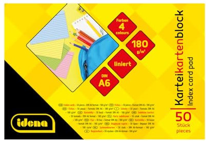 Idena - Karteikarten DIN A6, 50 Stück liniert, Lernkarten aus 180 g/m² FSC-Mix Papier in 4 Farben, für Schule und Büro