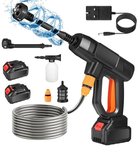 Cordless Power Washer with 2 x 4000mAh Batteries, Portable Pressure Washer for Car Floor Garden Patio Cleaning & Watering, Handheld Car Washing Kit with 6-in-1 Adjustable Nozzle and 5m Hose Foam Jug