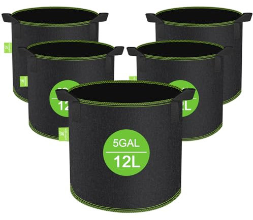 CNMTCCO Stofftöpfe, 5 Stück Pflanzsack 12 L Grow Töpfe, Hochbelastbare Verdickte Stofftopf mit Griffen, Vliesstoff pflanzentopf Pflanzsack für Terrasse Balkon Garten & Gewächshaus (3 Gallonen)