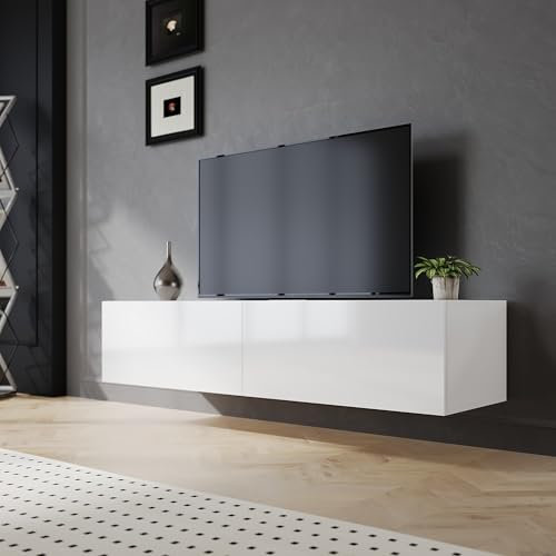 SIRHONA Meuble TV Blanc, Meuble Tele Peut être Suspendu ou Posé au Sol, 2 Placards avec Portes, Super Espace de Rangement, 140x40x30cm, Convient pour Salon ou Chambre