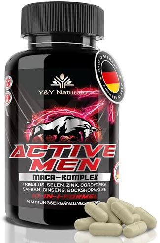 Männer Testosteron¹ Kapseln – 10-in-1 Komplex mit Maca 20:1, Tribulus, Bockshornklee, Zink, Selen & Safran | Active Men | Vegan, Laborgeprüft, Made in Germany | Alternative zu Ashwagandha