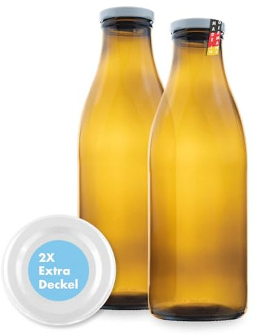 FLASCHENBAUER – Milchflaschen 1 Liter – 2x Glasflaschen 1 Liter – Twist-Off-Deckeln + Ersatz TO48 – Saftflasche, Smoothie Flasche & Weithalsflasche – Robust, temperaturbeständig [Braune-Flasche]